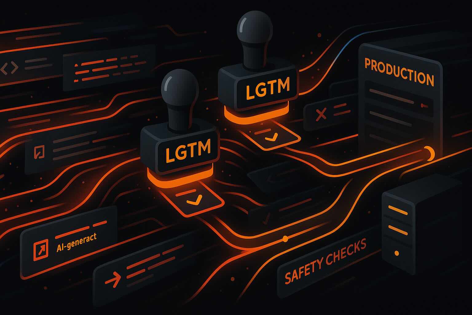 Abstract visualization of code flowing through automated approval gates